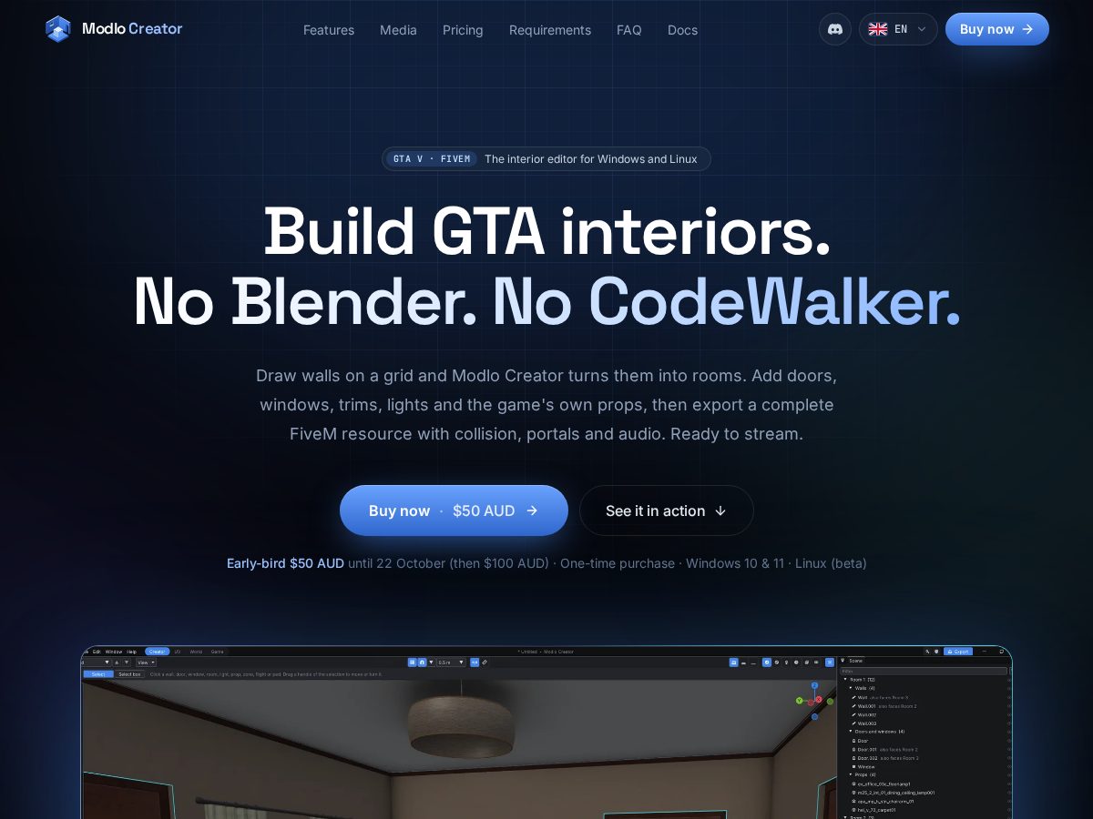 Landing-page snapshot of modlocreator.app