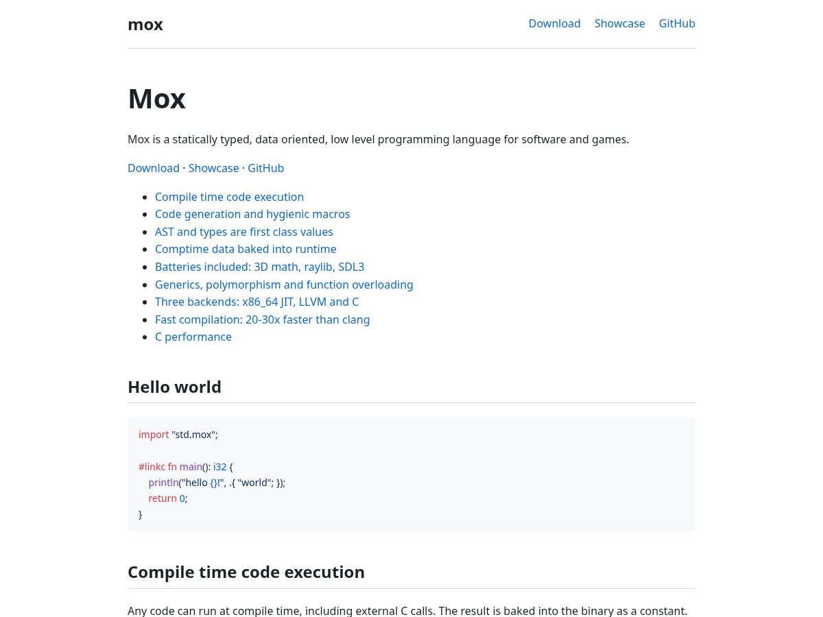 Landing-page snapshot of mox-lang.dev