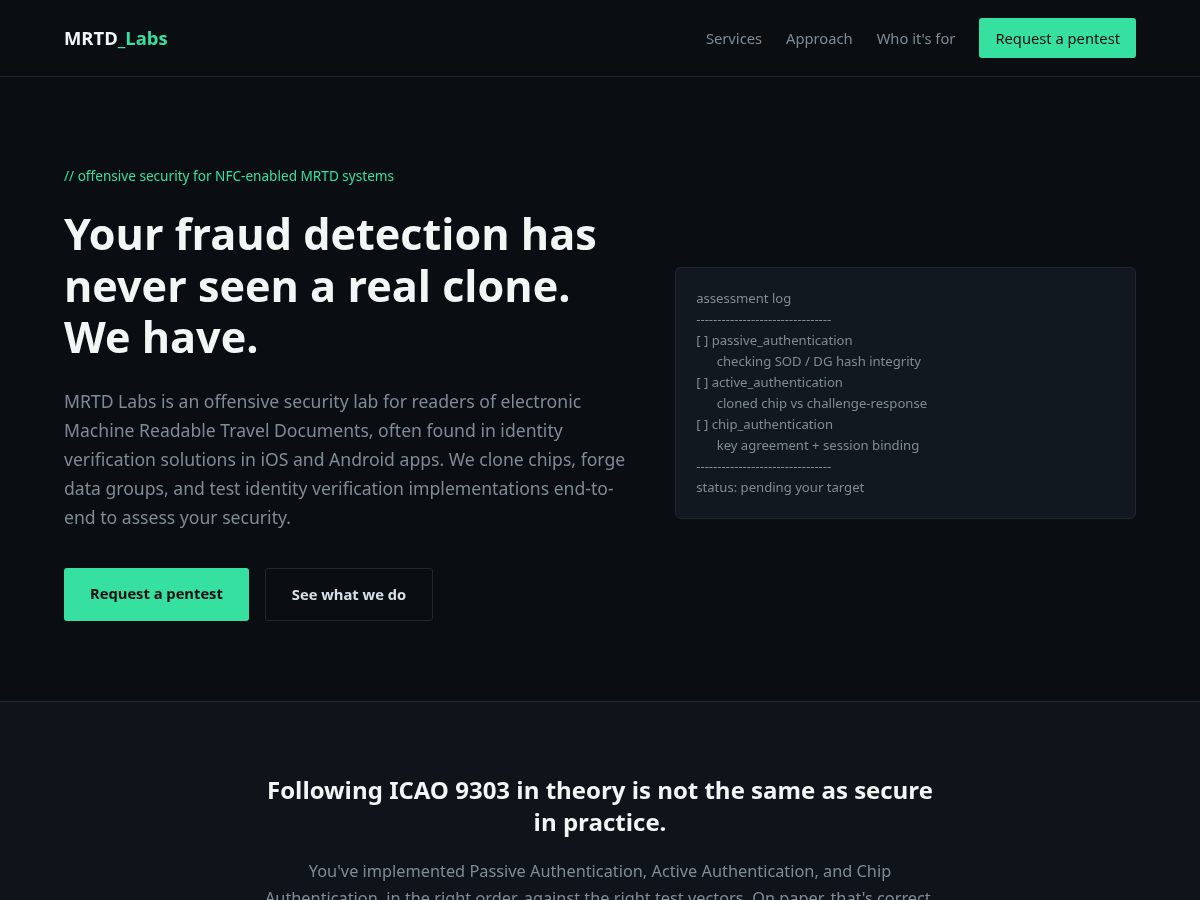 Landing-page snapshot of mrtdlabs.com