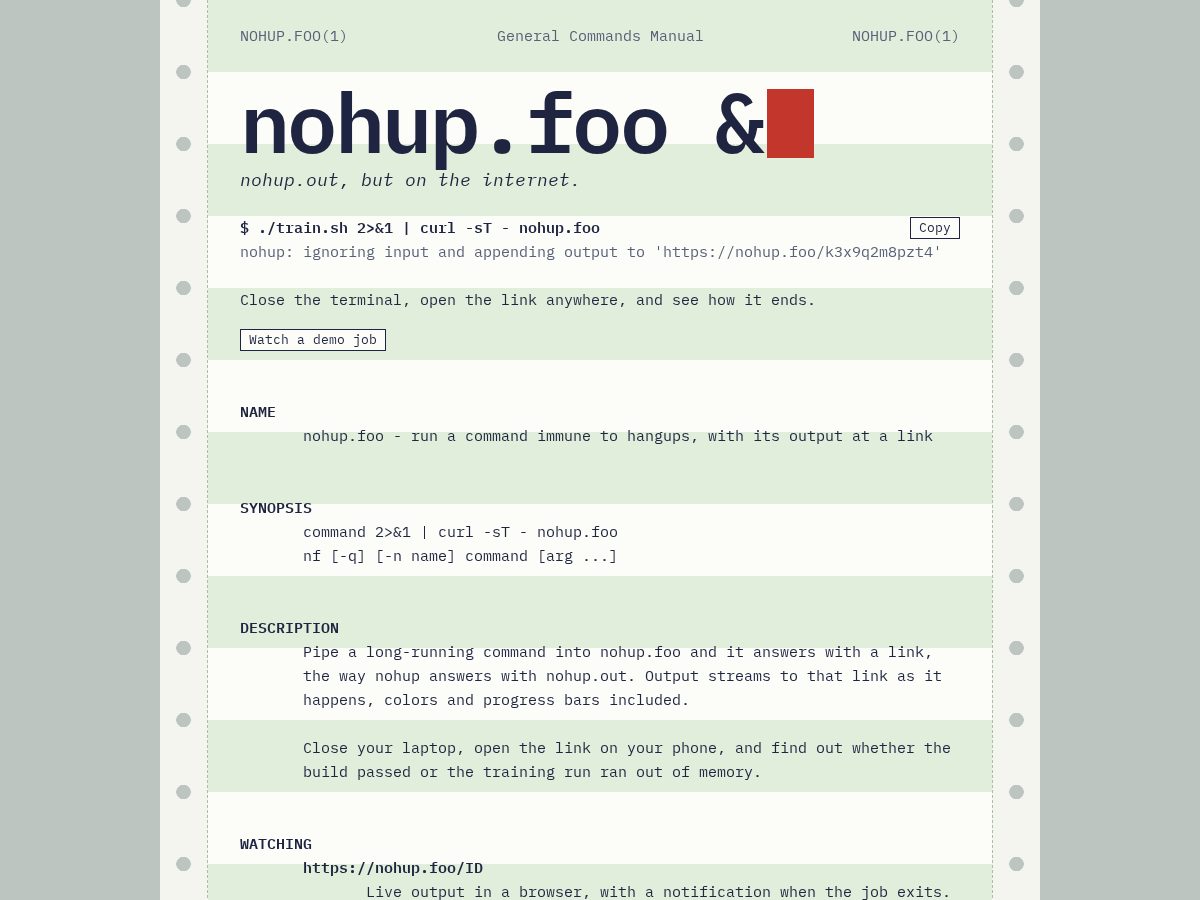 Landing-page snapshot of nohup.foo