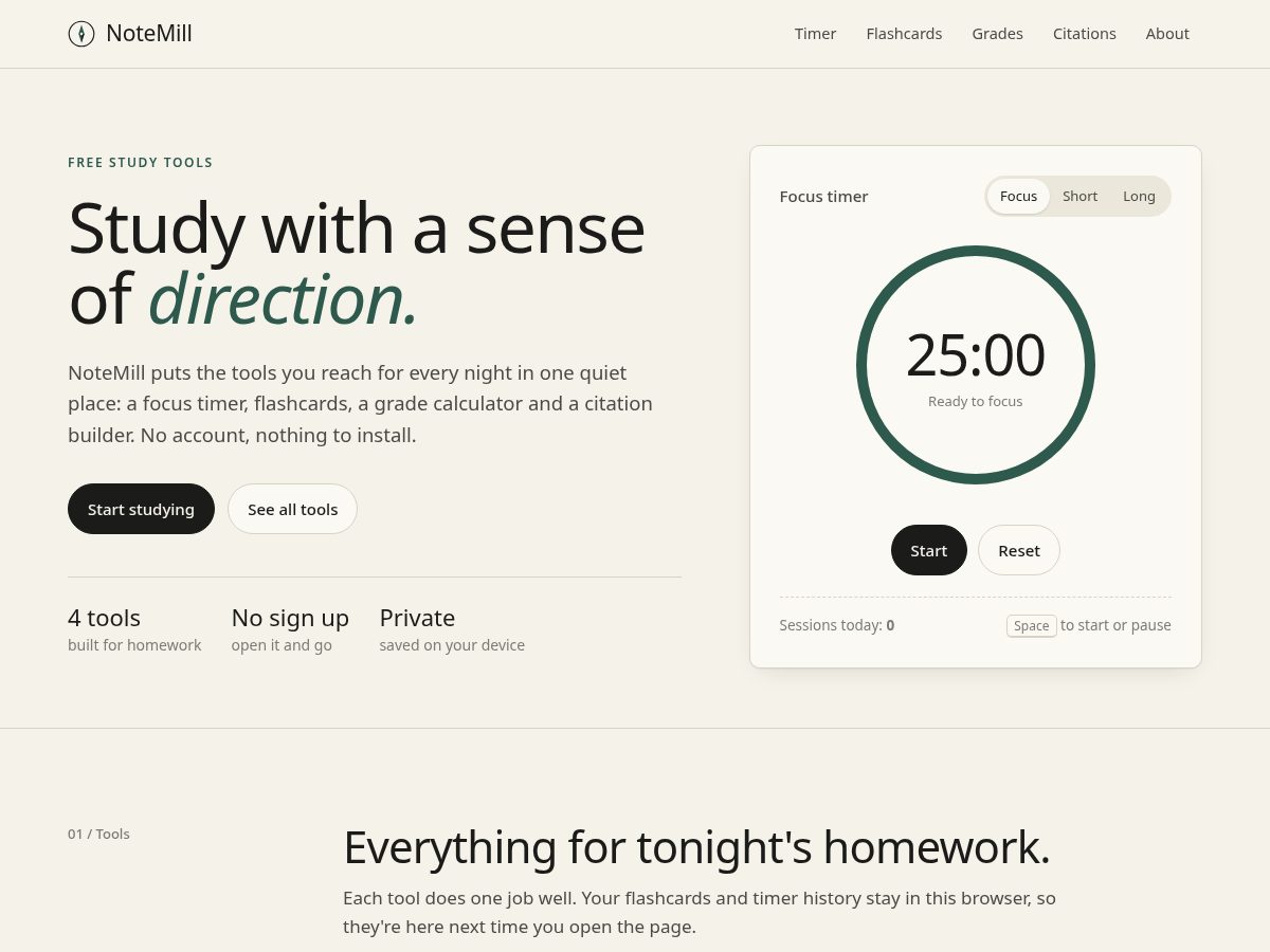 Landing-page snapshot of notemill.cfd