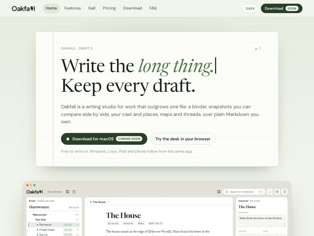 Landing-page snapshot of oakfall.app