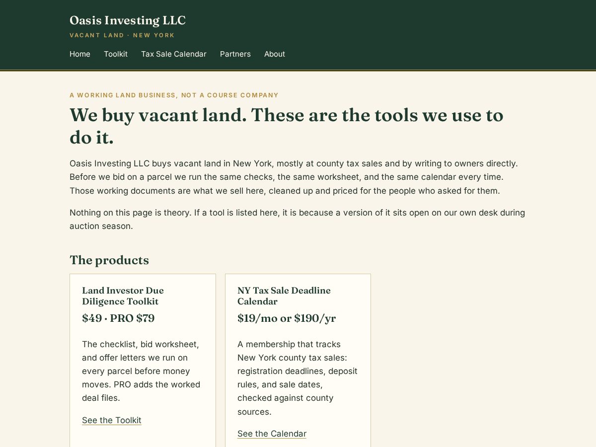 Landing-page snapshot of oasisinvestingllc.com