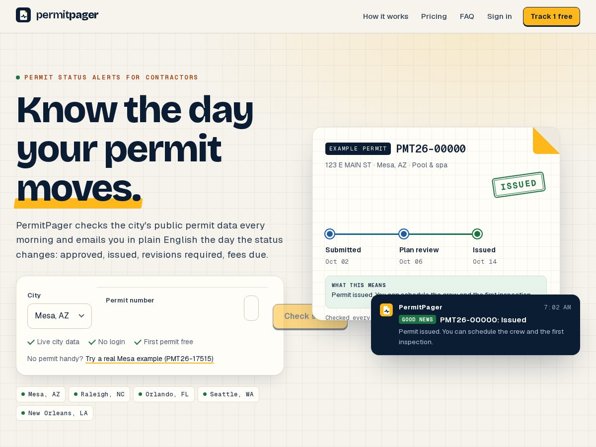 Landing-page snapshot of permitpager.com