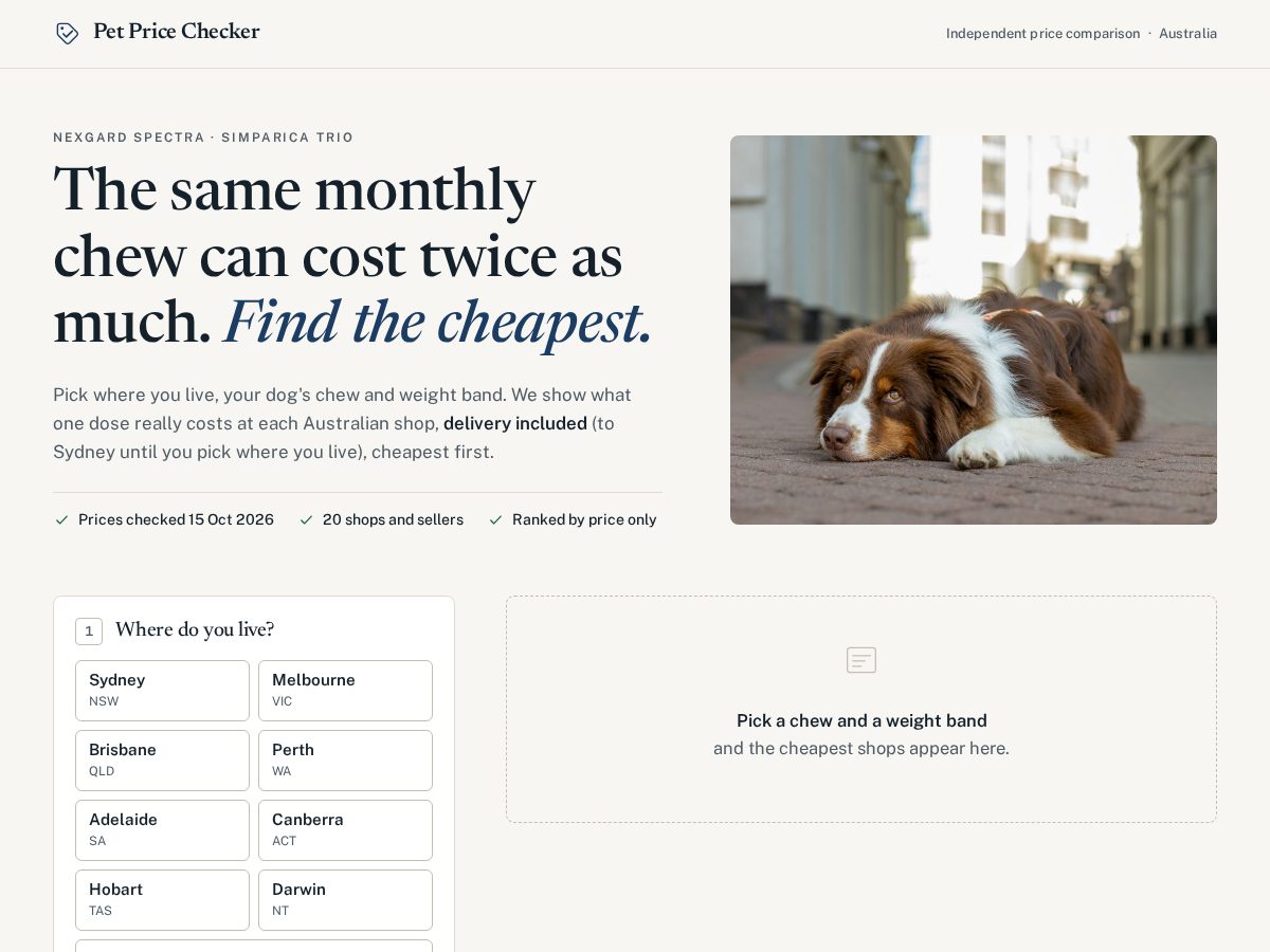 Landing-page snapshot of petpricechecker.com