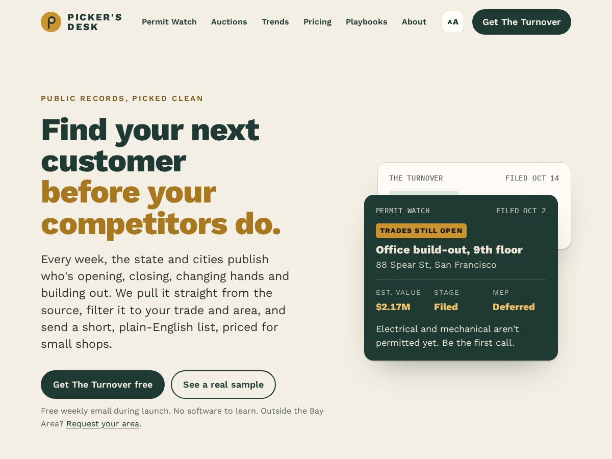 Landing-page snapshot of pickersdesk.com