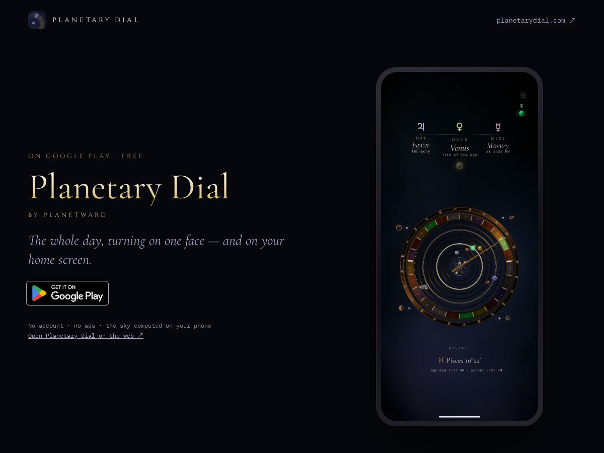 Landing-page snapshot of planetarydial.app