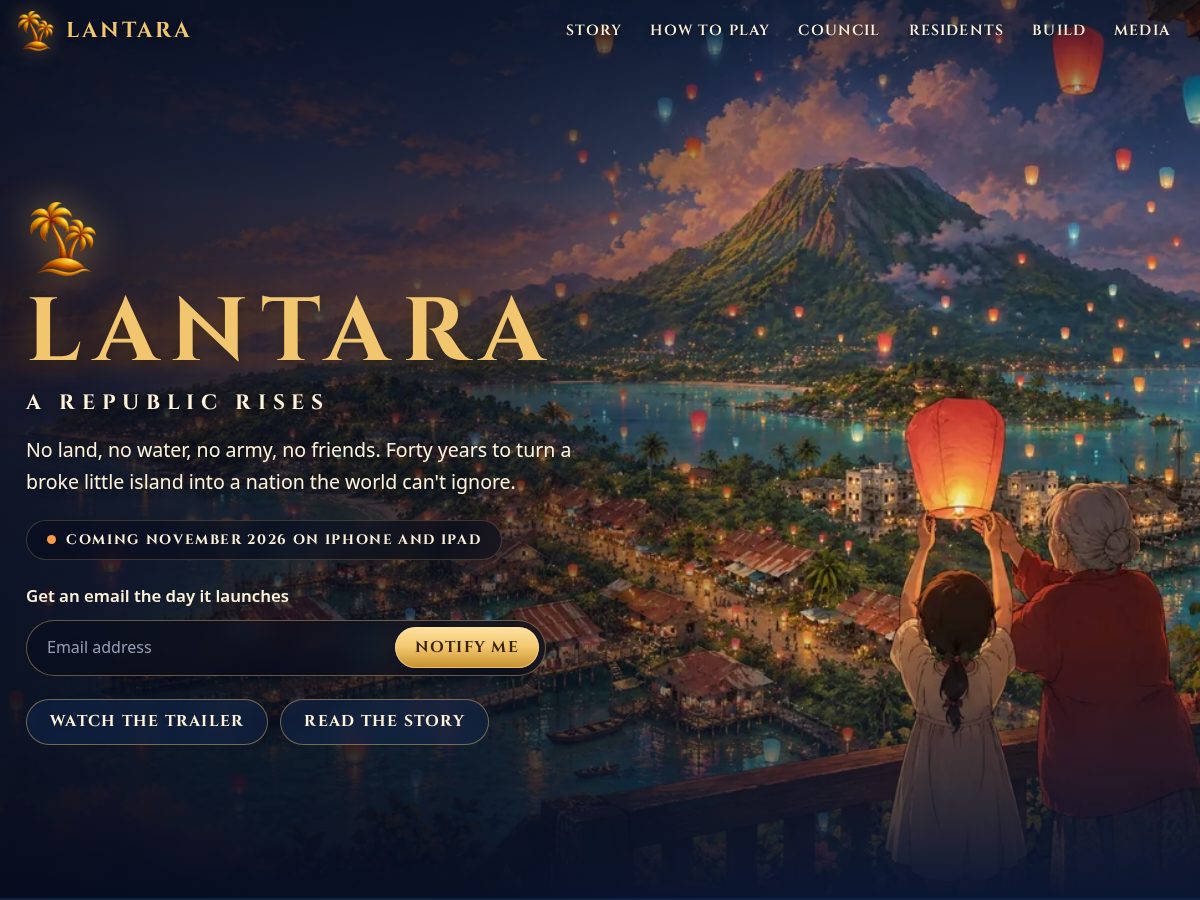 Landing-page snapshot of playlantara.com