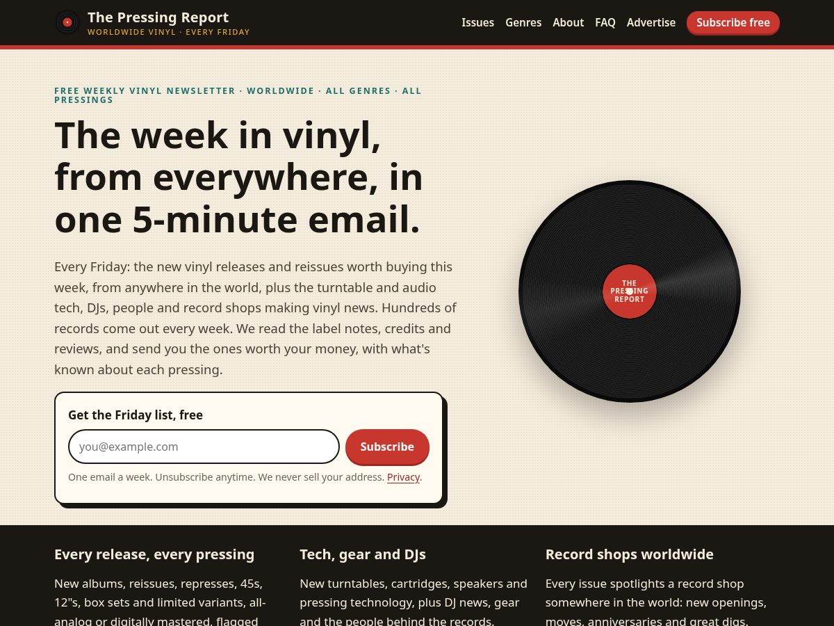 Landing-page snapshot of pressingreport.com