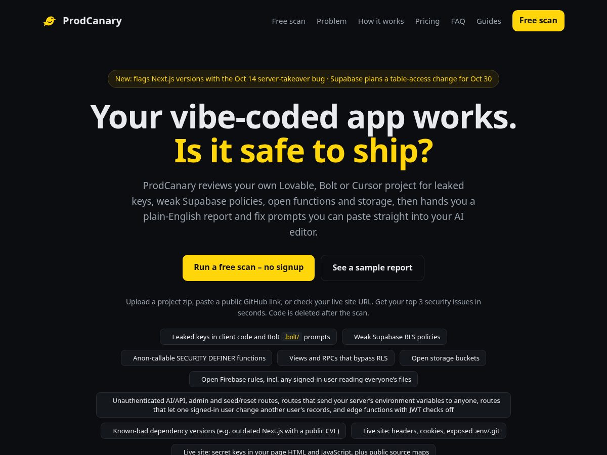 Landing-page snapshot of prodcanary.com