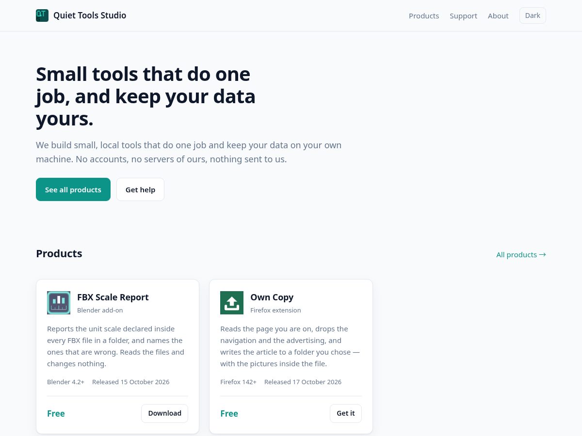 Landing-page snapshot of quiettoolsstudio.com
