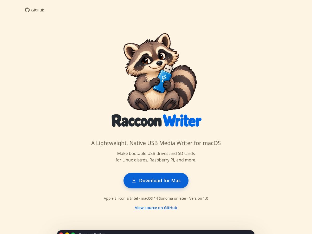 Landing-page snapshot of raccoonwriter.com