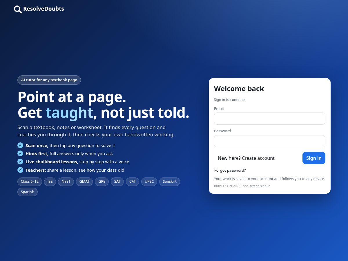 Landing-page snapshot of resolvedoubts.com