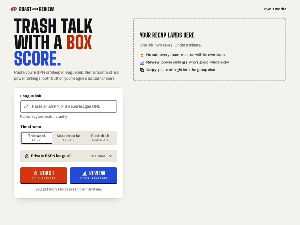 Landing-page snapshot of roastorreview.com