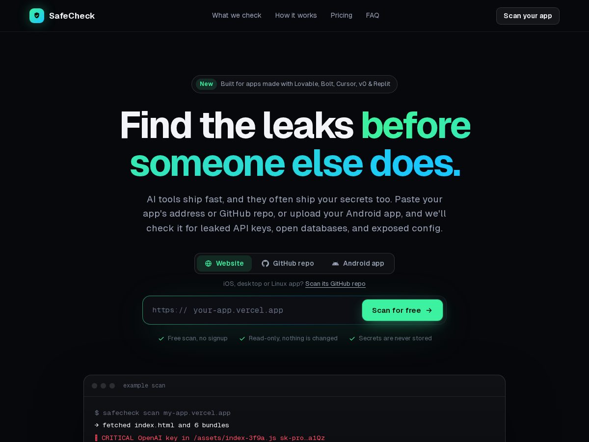 Landing-page snapshot of safecheck.dev