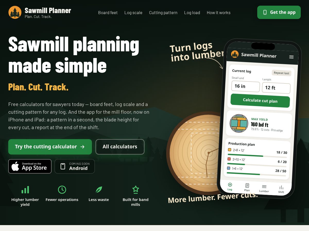 Landing-page snapshot of sawmillplanner.com