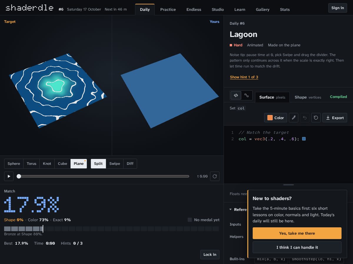 Landing-page snapshot of shaderdle.dev