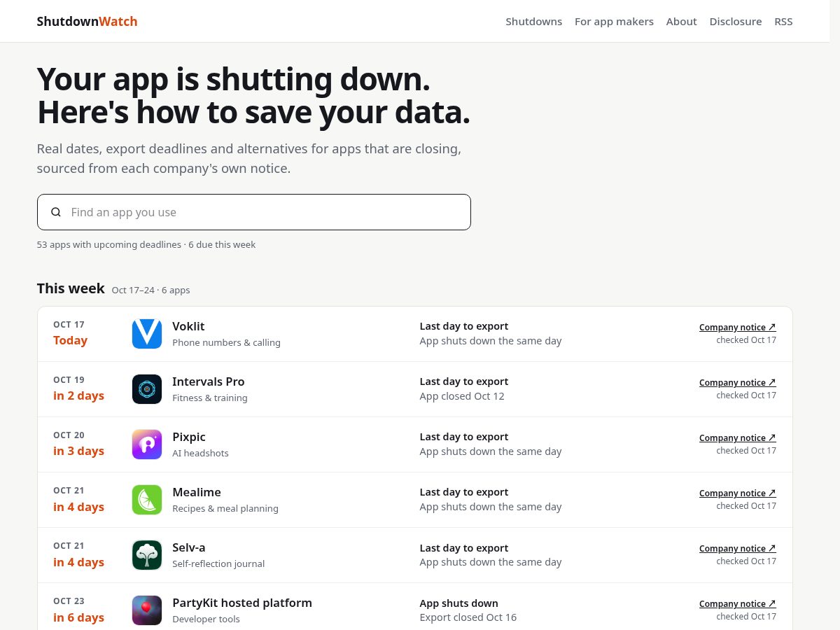 Landing-page snapshot of shutdownwatch.com