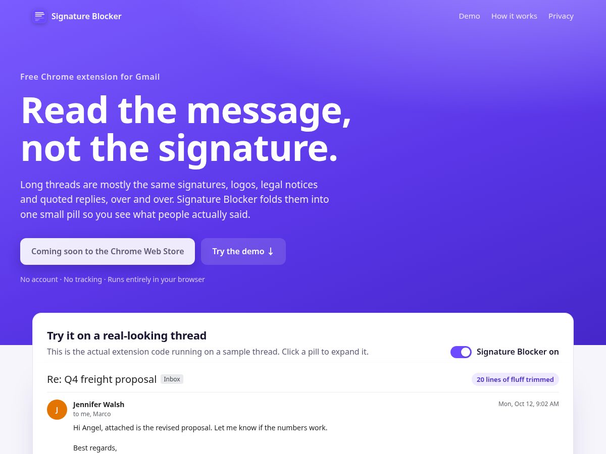 Landing-page snapshot of signatureblocker.com