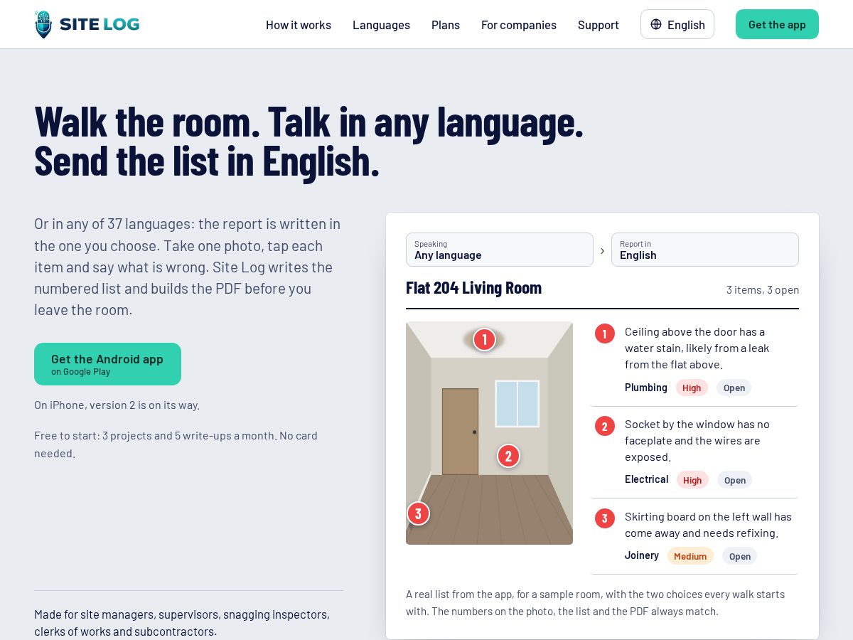Landing-page snapshot of sitelog-app.com