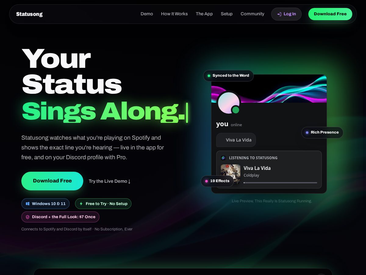 Landing-page snapshot of statusong.com