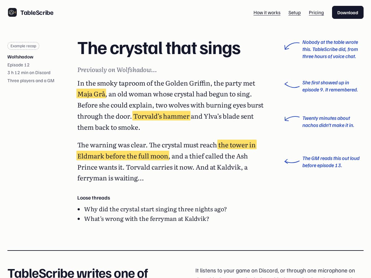 Landing-page snapshot of tablescribe.app