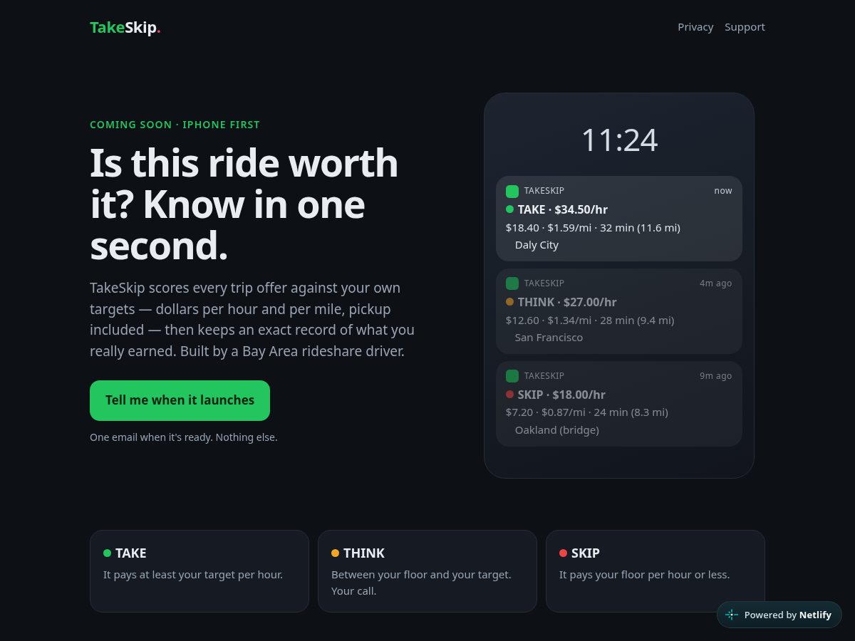 Landing-page snapshot of takeskip.com