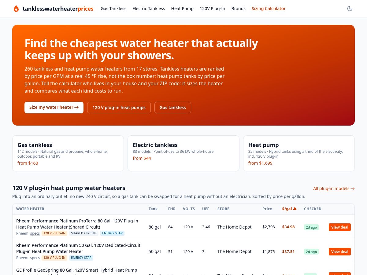 Landing-page snapshot of tanklesswaterheaterprices.com