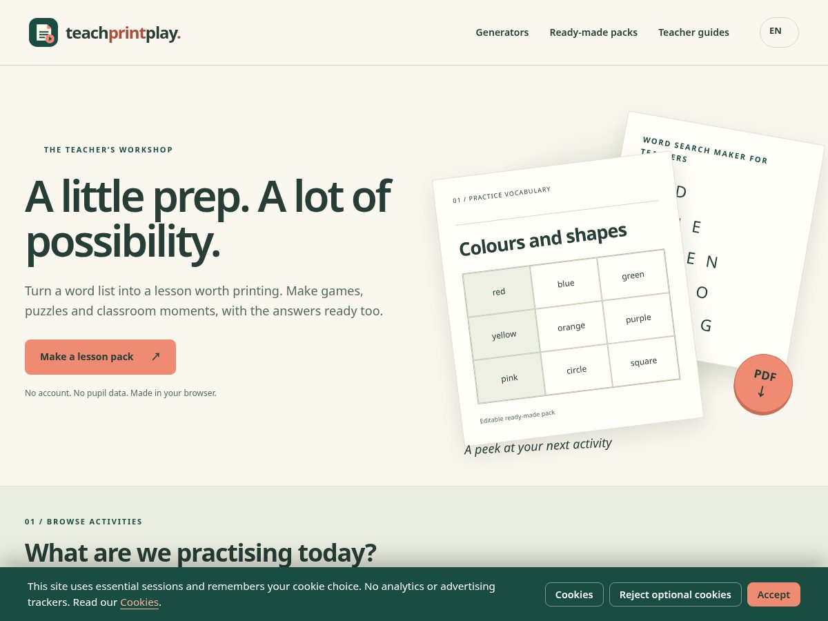 Landing-page snapshot of teachprintplay.com
