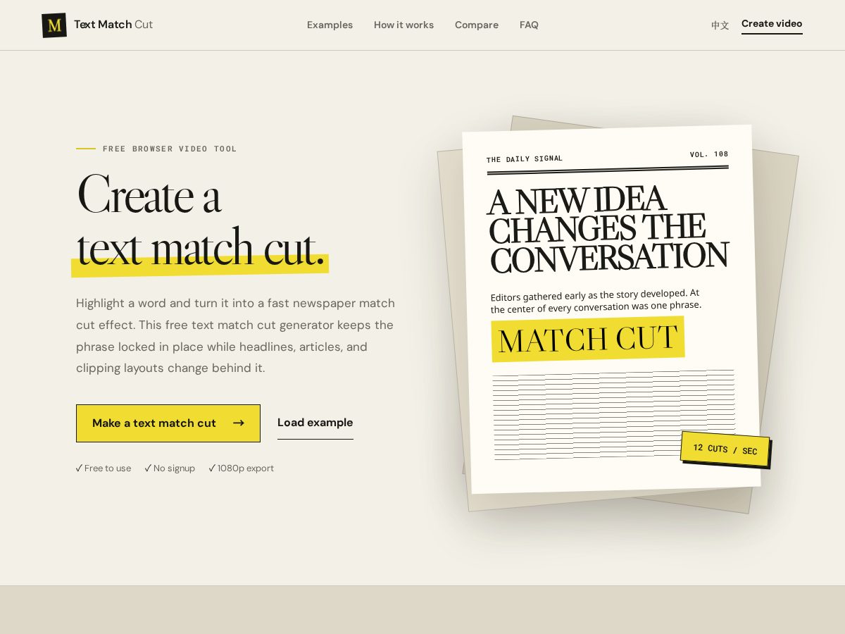 Landing-page snapshot of text-match-cut.com
