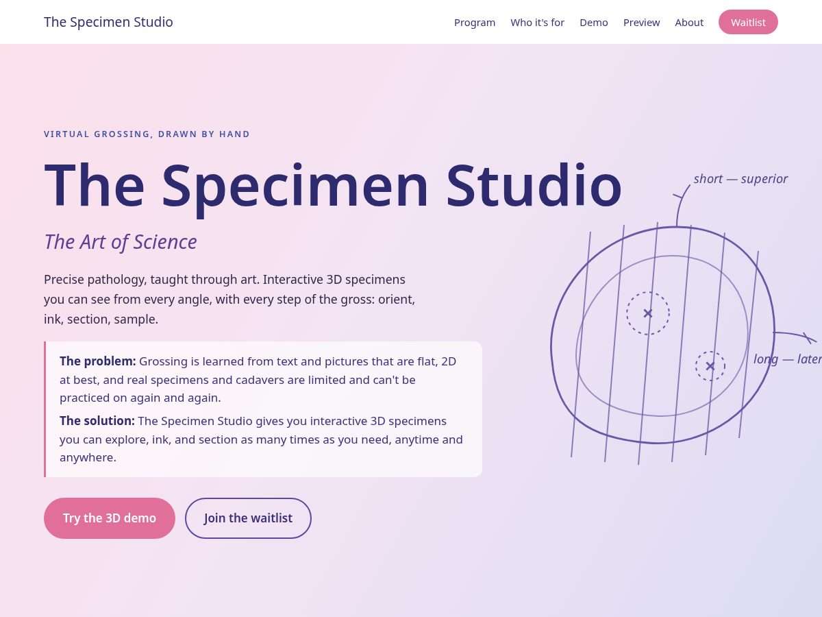 Landing-page snapshot of thespecimenstudio.app