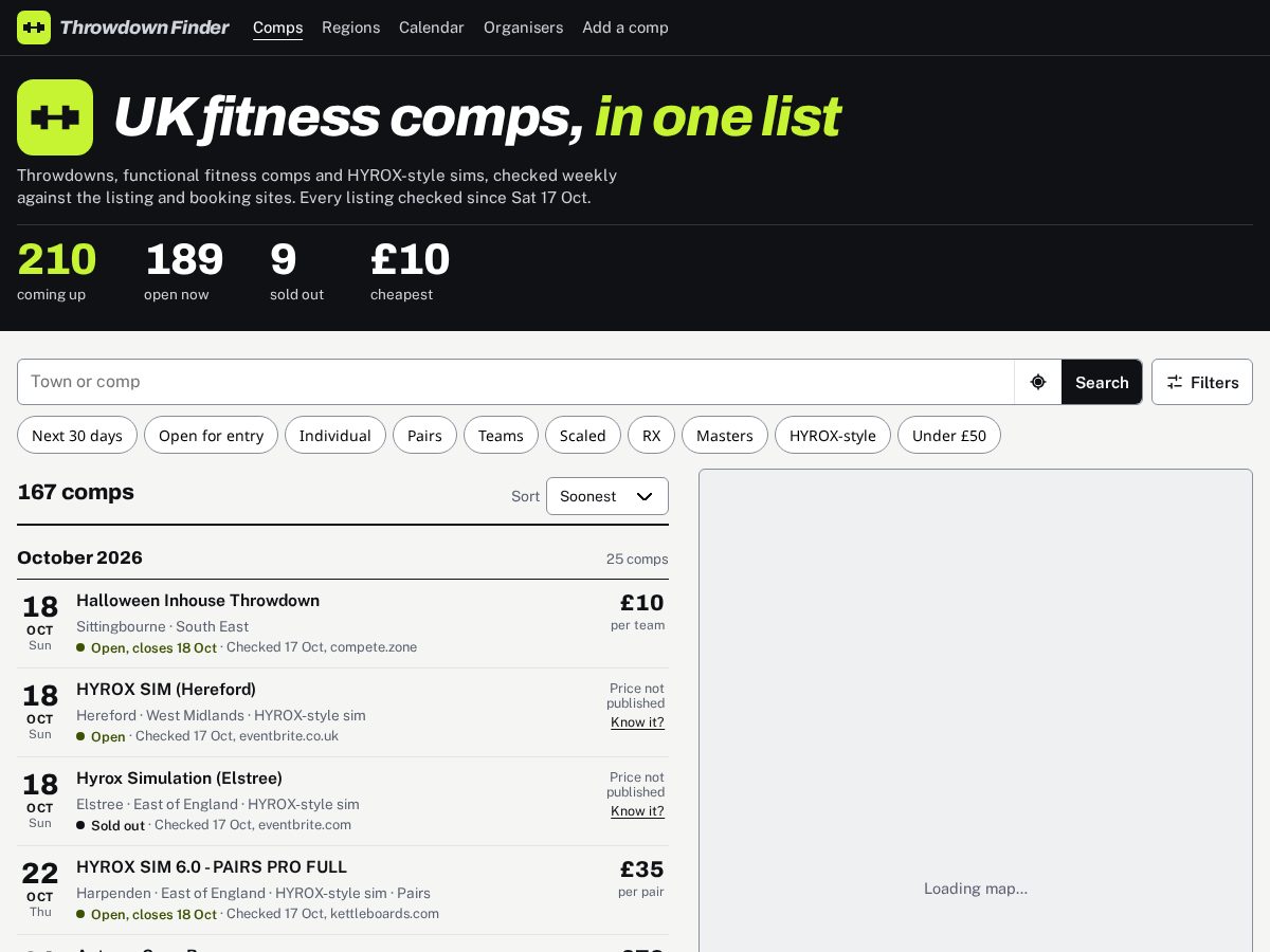 Landing-page snapshot of throwdownfinder.com