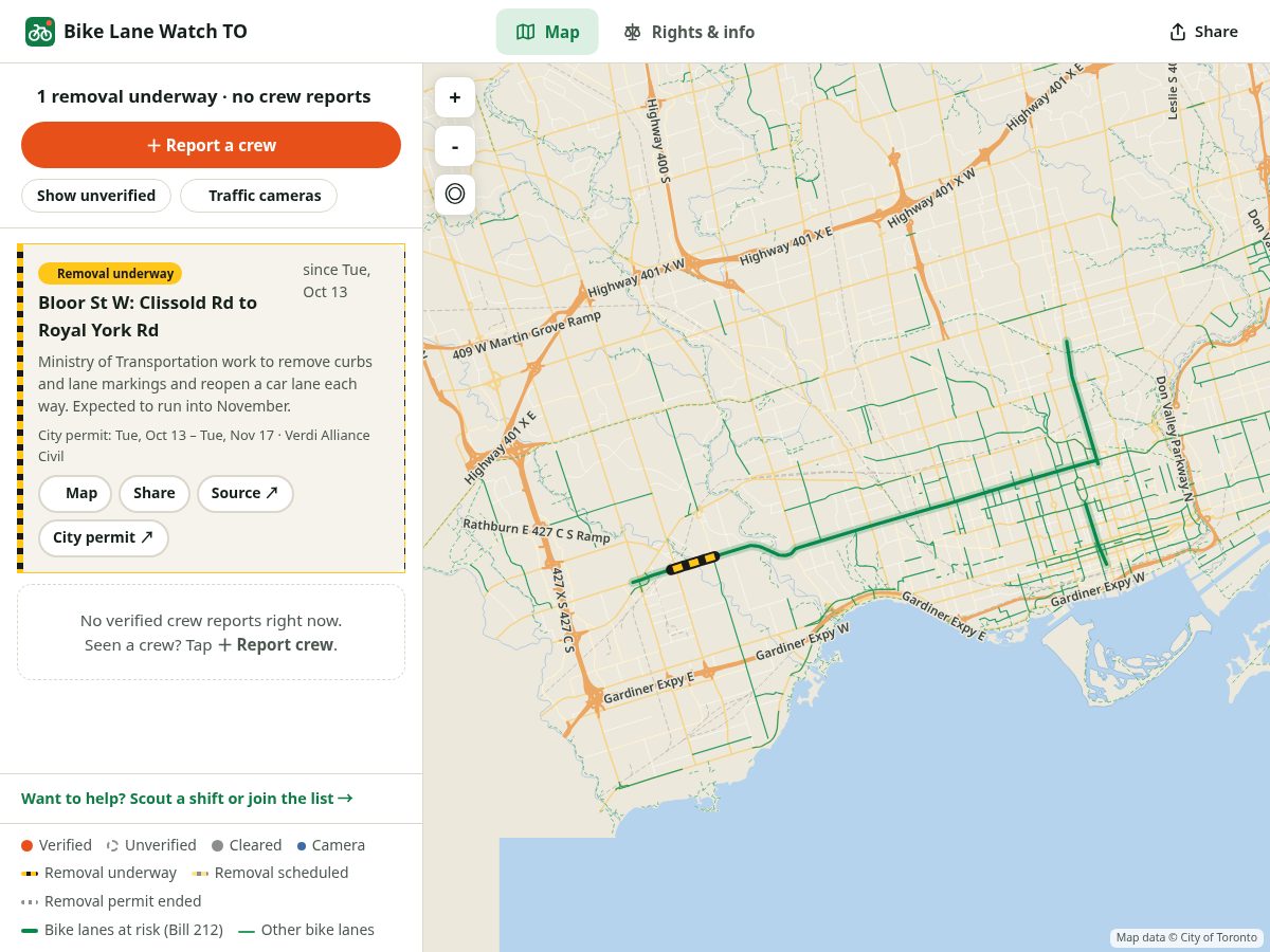 Landing-page snapshot of torontobikelanewatch.com