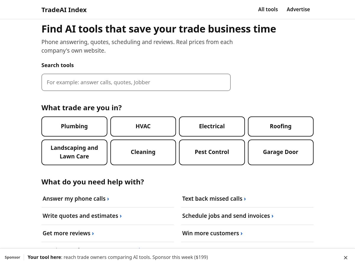 Landing-page snapshot of tradeaiindex.com