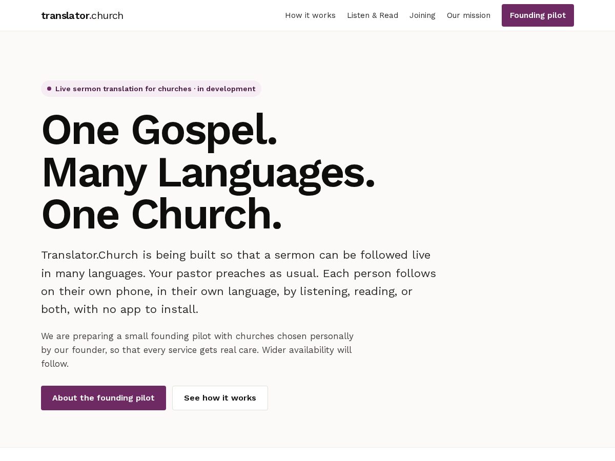 Landing-page snapshot of translator.church