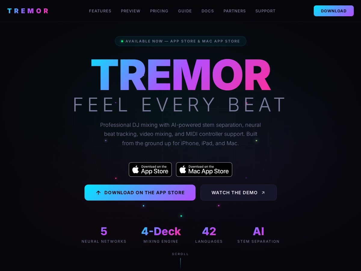 Landing-page snapshot of tremordj.com