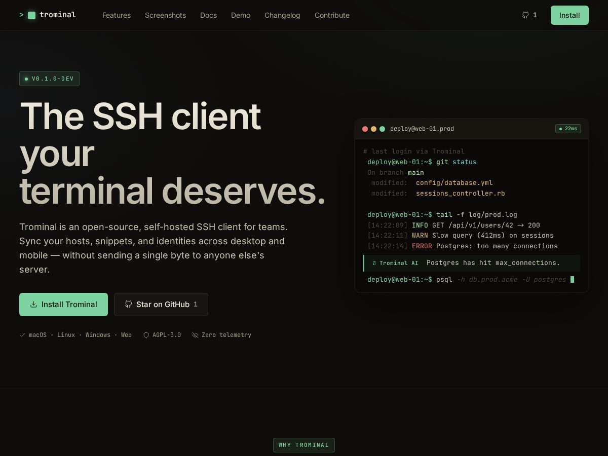Landing-page snapshot of trominal.app