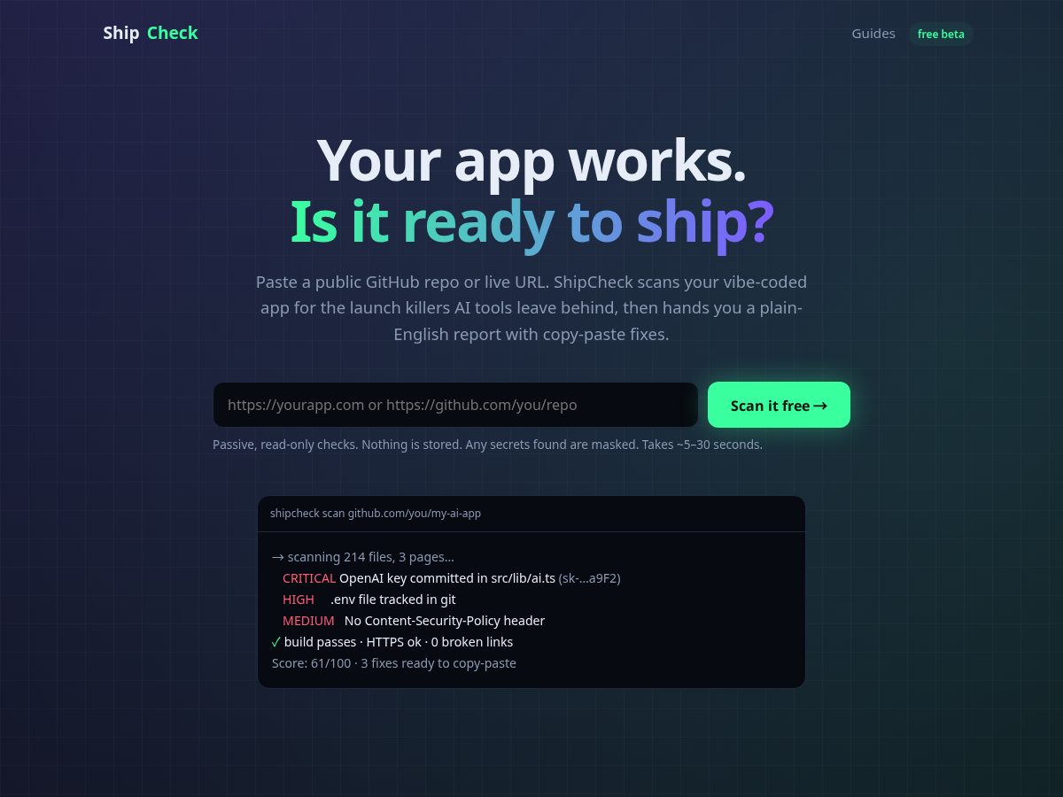 Landing-page snapshot of tryshipcheck.com