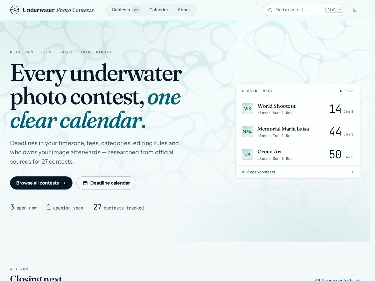 Landing-page snapshot of underwaterphotocontests.com