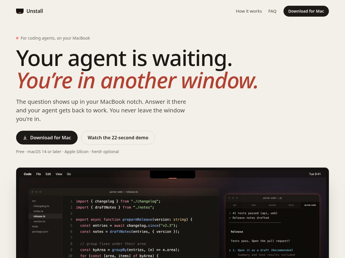 Landing-page snapshot of unstall.dev