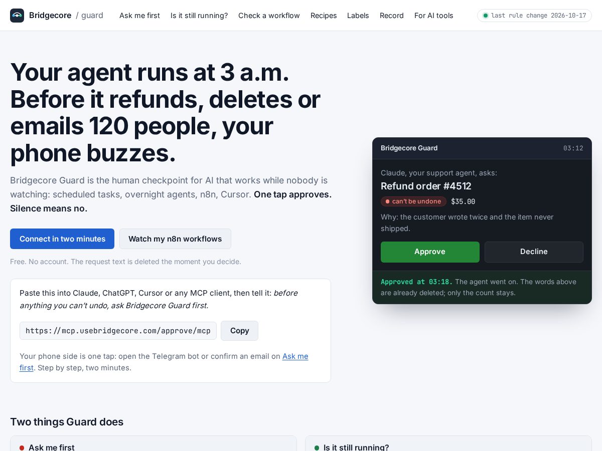 Landing-page snapshot of usebridgecore.com