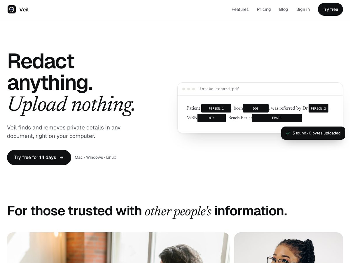 Landing-page snapshot of veildocs.com