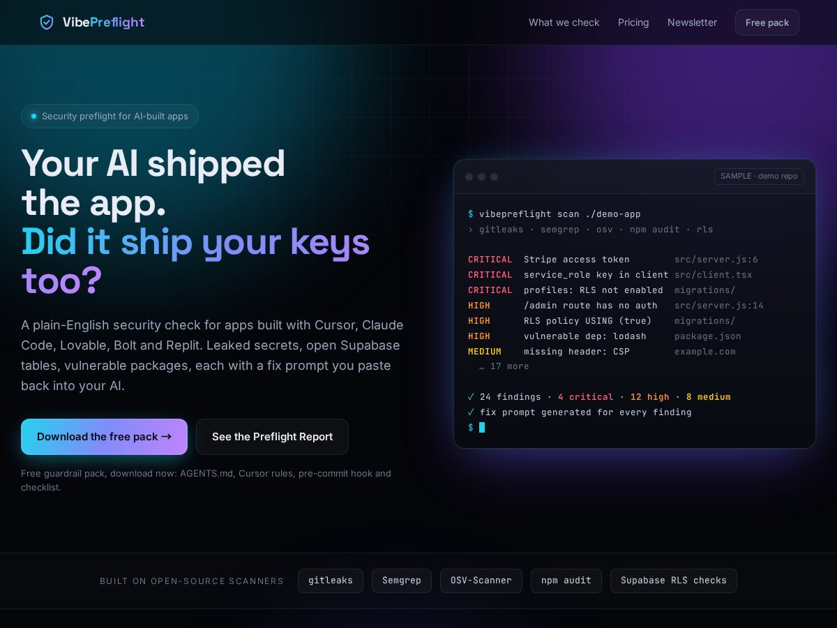 Landing-page snapshot of vibepreflight.com