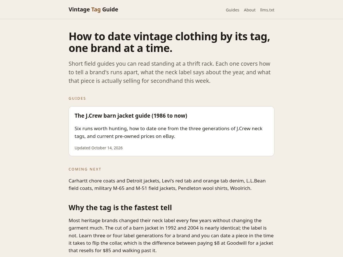 Landing-page snapshot of vintagetagguide.com