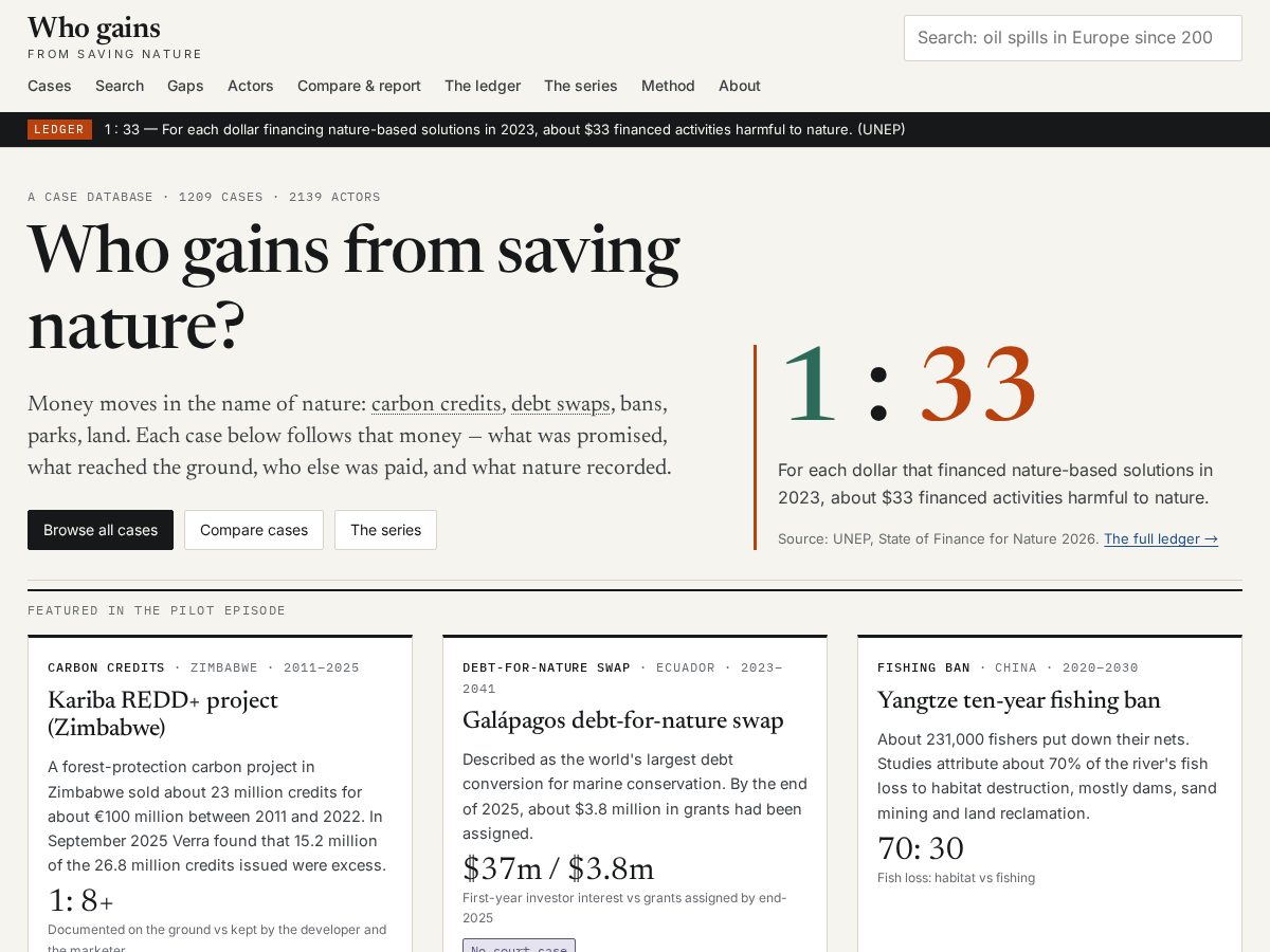 Landing-page snapshot of whogainsfromsavingnature.com
