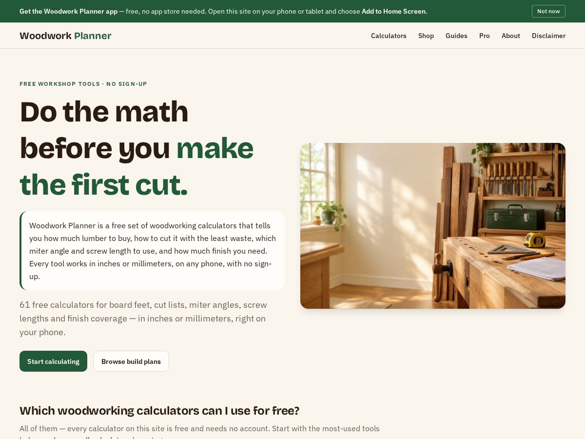 Landing-page snapshot of woodworkplanner.com