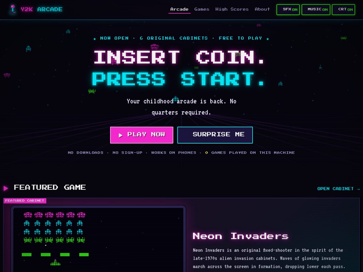 Landing-page snapshot of y2karcade.com