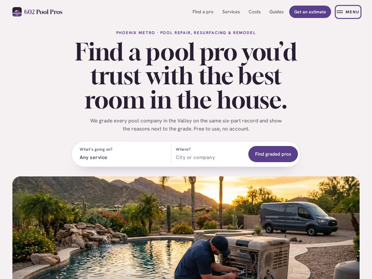 Landing-page snapshot of 602poolpros.com