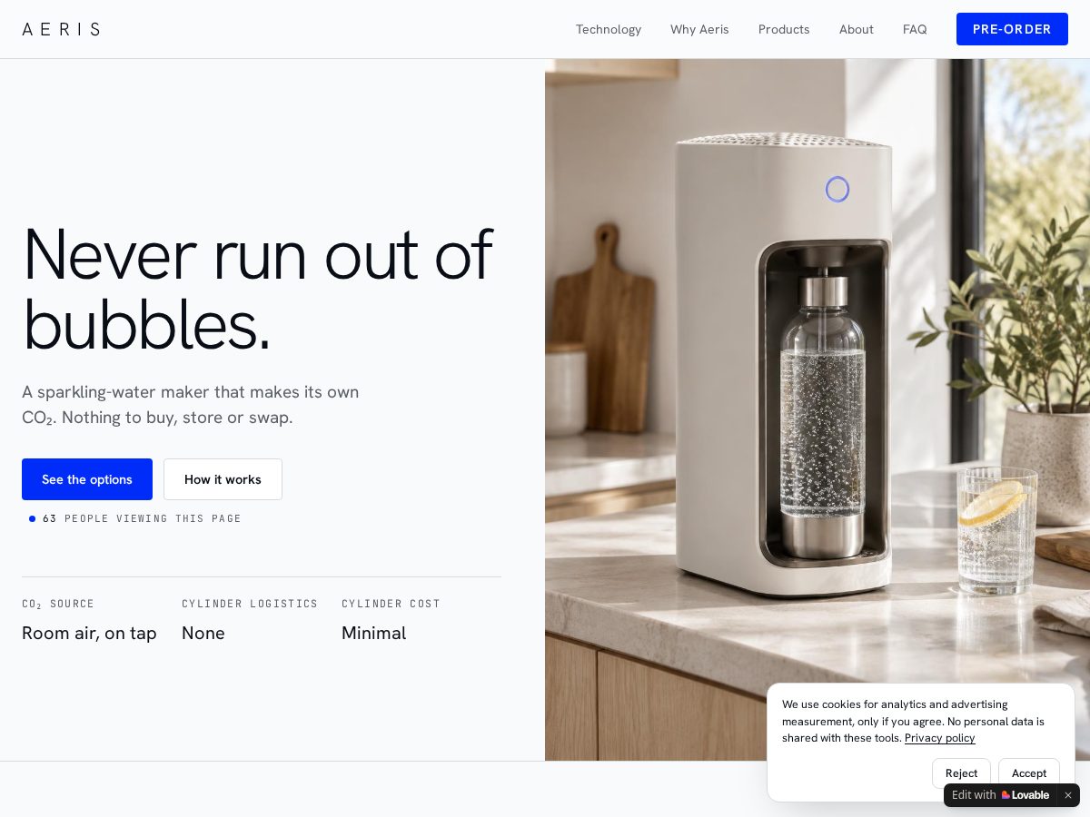 Landing-page snapshot of aerisbubbles.shop