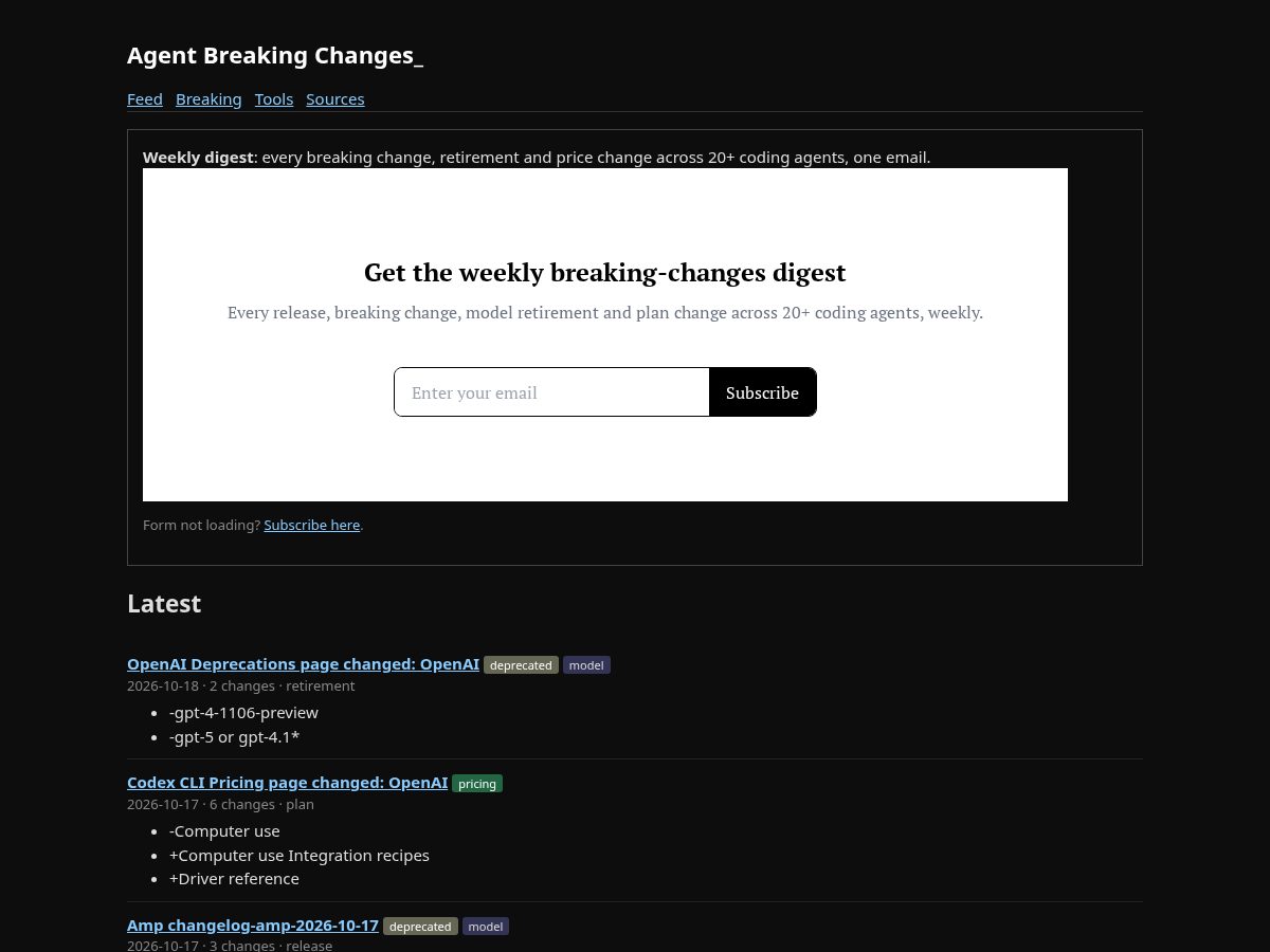 Landing-page snapshot of agentbreakingchanges.com